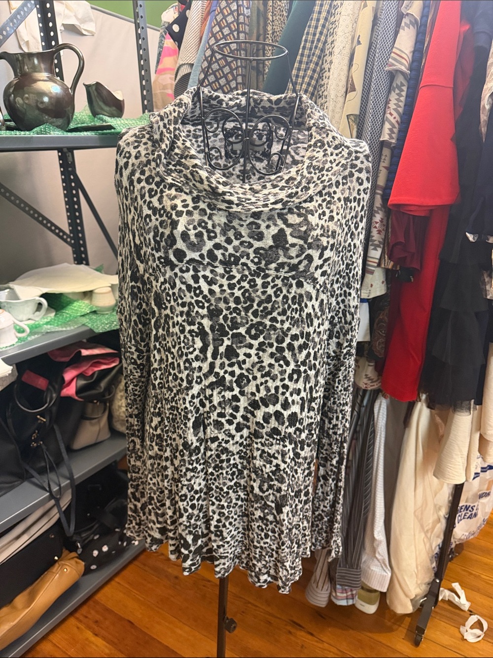Cupio Black and White Leopard Cowl Neck Tunic Top